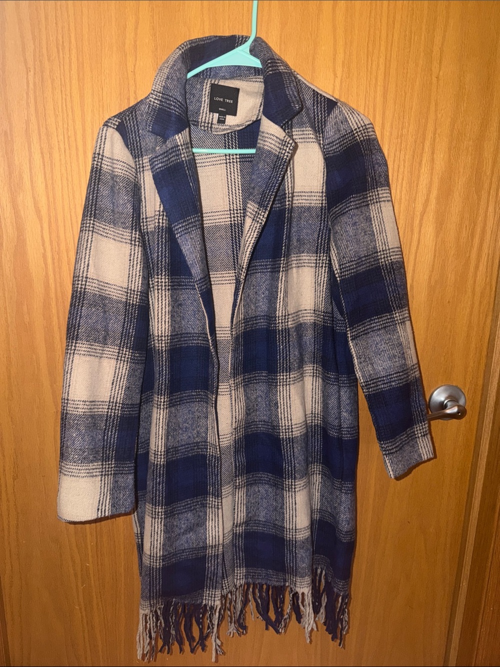 Love Tree Navy & Cream Plaid Fringe Open-Front Cape Coat
